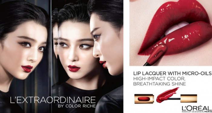 Fan Bingbing wears a deep red lipstick shade in L’Oreal Paris L’Extraordinaire advertisement